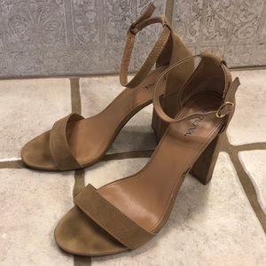 Tan suede block heel sandals